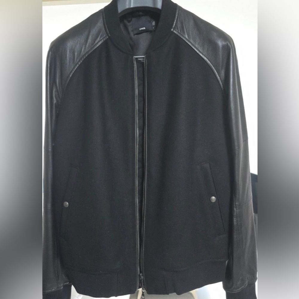 Vince Black Wool Men’s Bomber Jacket With Black Leather Sleeves - Size XL